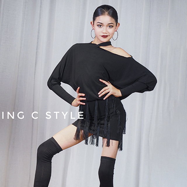 Kostium sceniczny dla dziewcząt w stylu latynoskim, rękaw w kształcie skrzydła nietoperza, w kolorze czarnym. Idealny do tańca tanga, samby, rumbi, salsy. (JL3861) - tanie ubrania i akcesoria