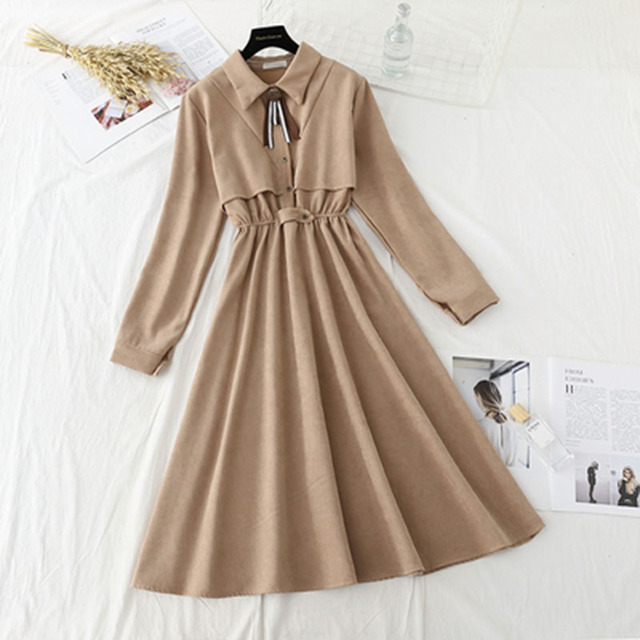 Jesienna sztruksowa sukienka zimowa dla kobiet z jednokolorową obcisłą górą i wysokim stanem - tanie ubrania i akcesoria
