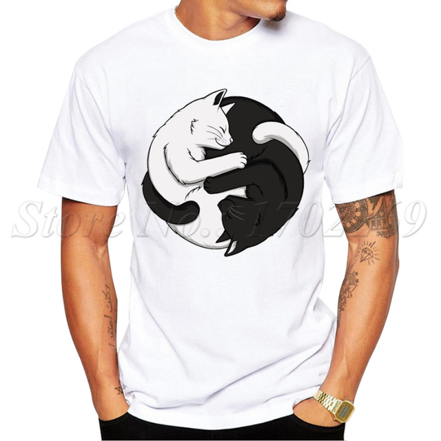 Męska letnia koszulka z nadrukiem Yin Yang i kotem - biały i czarny, krótki rękaw - tanie ubrania i akcesoria