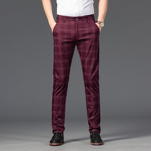 Formalne spodnie męskie Slim Lato, w kratę, Koreański styl, czarno-czerwone w klasycznym kroju - tanie ubrania i akcesoria