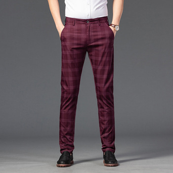 Formalne spodnie męskie Slim Lato, w kratę, Koreański styl, czarno-czerwone w klasycznym kroju