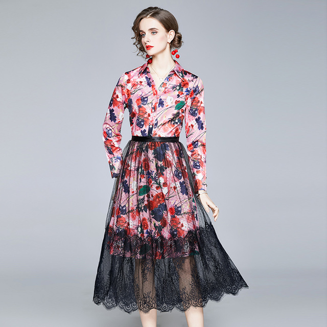 Koronkowa dwuczęściowa sukienka z długim rękawem - 2021 Nowość! Floralne wydrukowane Vestidos - tanie ubrania i akcesoria
