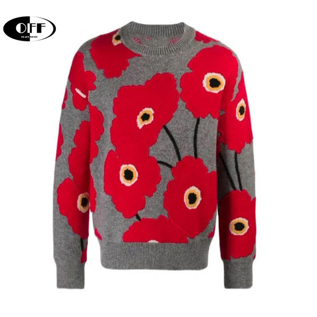 Luźny sweter jesienno-zimowy projektanta kwiatowego o długim rękawie - damski - tanie ubrania i akcesoria