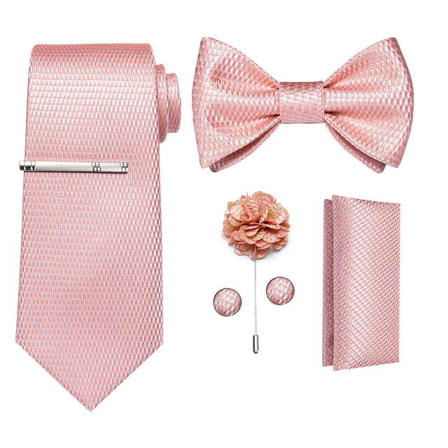 Różowa chusta krawat z jednolitym wzorem i zestawem akcesoriów - kieszonkowy kwadrat, spinki do mankietów, krawat klip i broszka - tanie ubrania i akcesoria