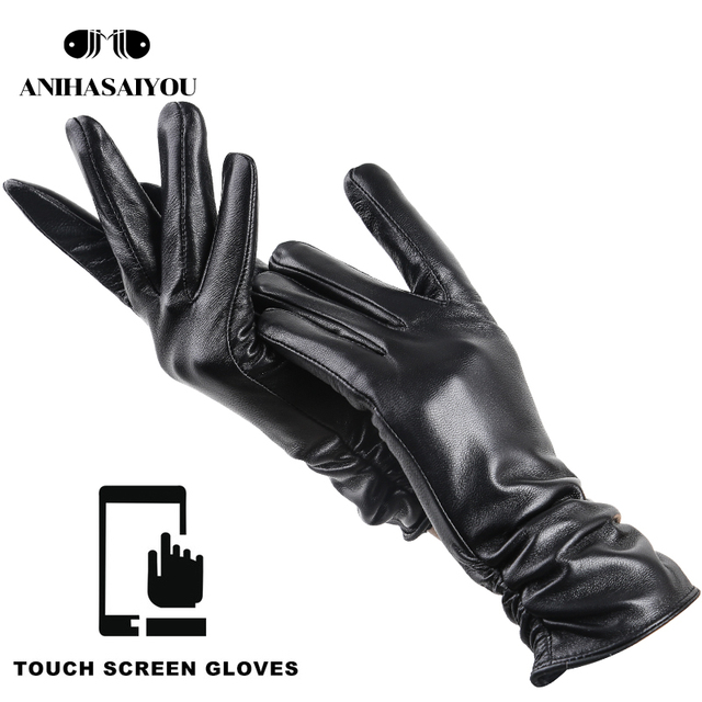 Ciepłe rękawiczki damskie do ekranu dotykowego, skórzane, czarne, 2081CP - tanie ubrania i akcesoria