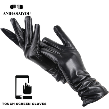 Ciepłe rękawiczki damskie do ekranu dotykowego, skórzane, czarne, 2081CP