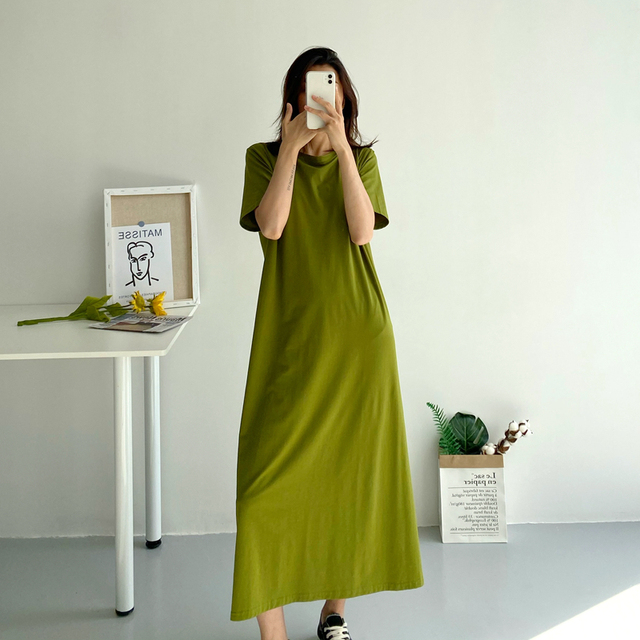 Bawełniana sukienka T-shirtowa dla kobiet, zielono-czarna jednoczęściowa sukienka maxi o luźnym kroju na lato, krótki rękaw - tanie ubrania i akcesoria