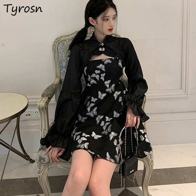 Sukienka czarna w stylu Harajuku z motywem motyla na mini piłce, bez rękawów, zapinana na ramionach - damski zestaw Streetwear o seksownym kroju - tanie ubrania i akcesoria