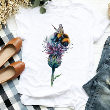 Koszulka damska z eleganckim, akwarelowym nadrukiem kwiatów i pszczołek - Kobiety Lady Floral