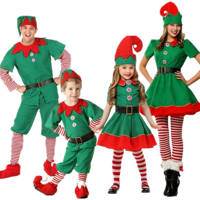 Kostium Świętego Mikołaja dla całej rodziny - dzieci, dorośli, chłopcy, dziewczęta - Zielony Elf Cosplay - tanie ubrania i akcesoria