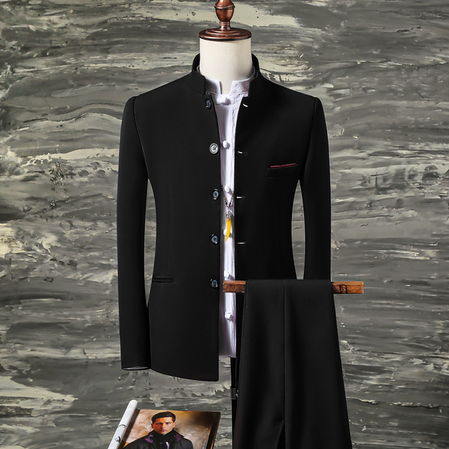 Zestaw stojak kołnierz blezer, kurtka i spodnie - Nowy męski garnitur w casualowym stylu - 2021 moda - tanie ubrania i akcesoria