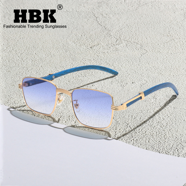 Okulary przeciwsłoneczne HBK Vintage Punk z luksusową metalową ramą w kształcie prostokąta, z wnętrzem z ziarna drewna, dla mężczyzn i kobiet. W kolorze niebieskim i brązowym, idealne na jazdę na zewnątrz - tanie ubrania i akcesoria