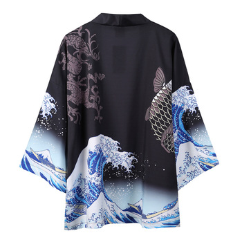 Czarny kardigan Kimono z falą karpia, wydrukowany wzór tradycyjnej japońskiej odzieży