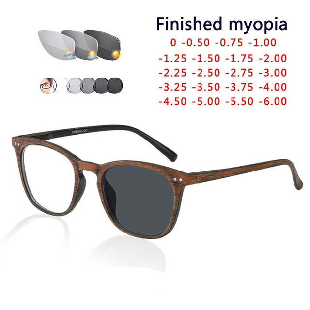 Fotochromowe szare okulary przeciwsłoneczne do krótkowzroczności, na receptę: SPH -0.5 do -6.0, rama z drewna ziarna - tanie ubrania i akcesoria