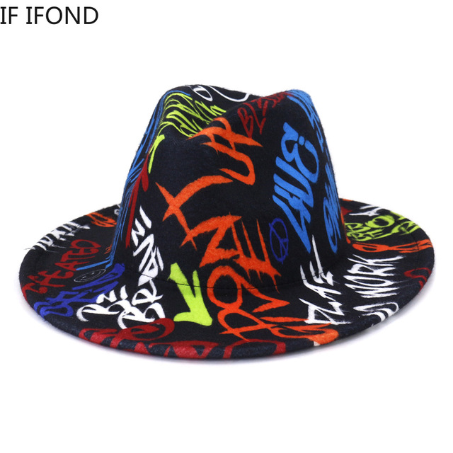 Jesienny i zimowy kapelusz Fedora wełniany w stylu europejskim i amerykańskim z szerokim rondem Trilby i wzorem Graffiti - tanie ubrania i akcesoria