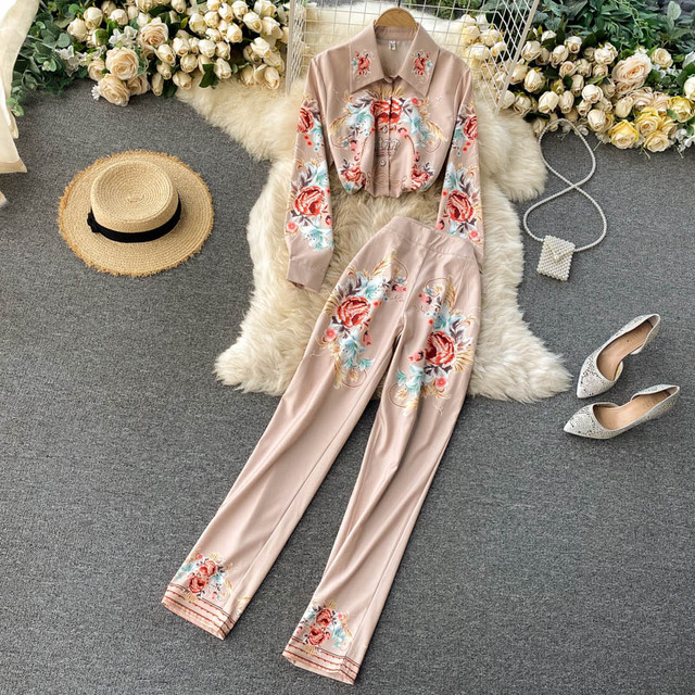 2021 Moda Lato - Khaki Floral Print Dwuczęściowy Garnitur Kobiece: Bluzka z Długimi Rękawami i Kieszenią oraz Długie Spodnie w Stylu Slim - tanie ubrania i akcesoria