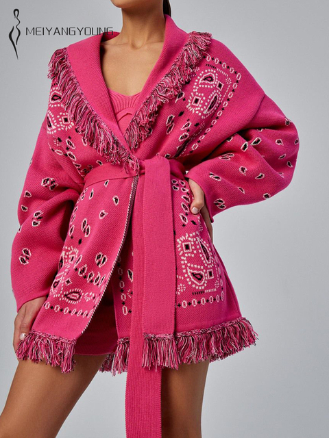 Długi Sweter Kożuszek z Frędzlami MEIYANGYOUNG w Stylu Kaszmirowym - Damski Kardigan Jesień/Zima 2021 - tanie ubrania i akcesoria