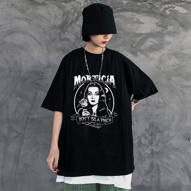 Koszulka damska Harajuku Gothic Punk Demon print, czerń, Tumblr, krótki rękaw O-neck, luźna, lato, dark grunge - tanie ubrania i akcesoria