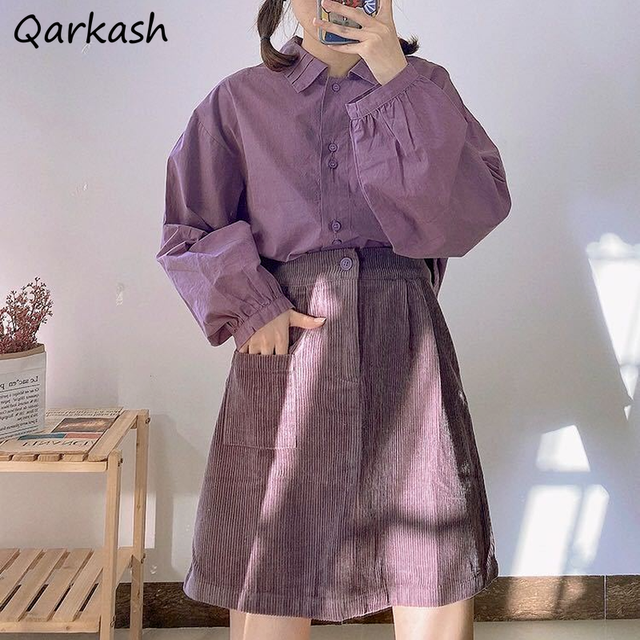 Nowoczesne zestawy damskie fioletowe - koszula preppy i spódnica szykowna w stylu ulzzang i harajuku - tanie ubrania i akcesoria
