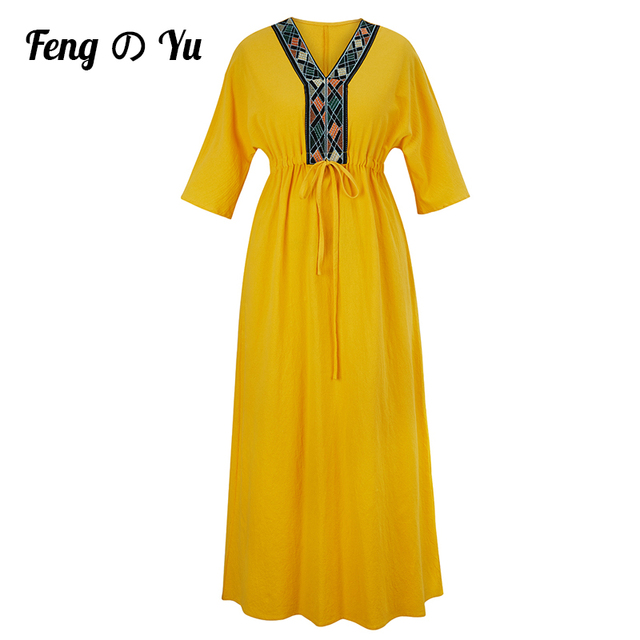 Sukienka lniana haftowana damska z dekoltem i artystycznymi rękawami, żółta - Ladies Party 2021 - tanie ubrania i akcesoria