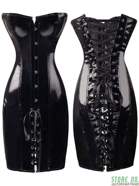 Kobiecy czarny gorset z PVC o fetyszystycznym stylu, idealny na wieczory wspólne i kluby nocne S-XXL - tanie ubrania i akcesoria
