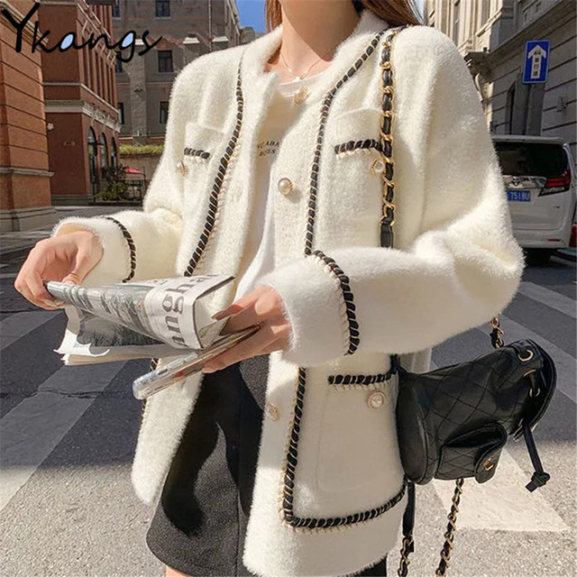 Biały norek z kaszmiru sweter płaszcz dla kobiet - jesień/zima, leniwy styl, koreańska moda - tanie ubrania i akcesoria