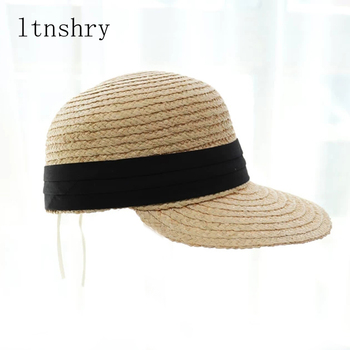 Solidny kapelusz słomkowy z rafią, wstążką i daszkiem na plażę - uniseks, 2019