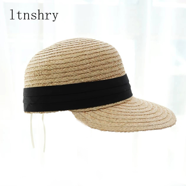 Solidny kapelusz słomkowy z rafią, wstążką i daszkiem na plażę - uniseks, 2019 - tanie ubrania i akcesoria