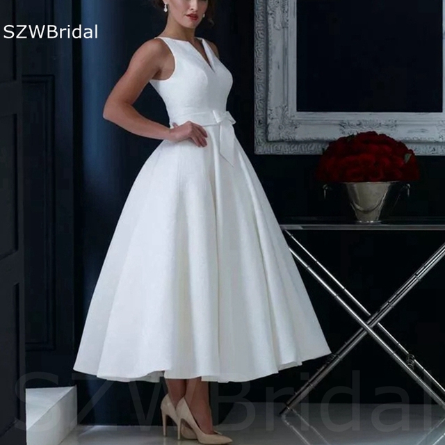 Nowość: Biała krótka suknia wieczorowa z dekoltem w serek, linia 2021 - tanie ubrania i akcesoria