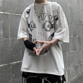 Koszulka męska gotyckiego stylu Streetwear w koreańskim stylu, Ulzzang, Harajuku, lato - z czaszką i motywem horroru