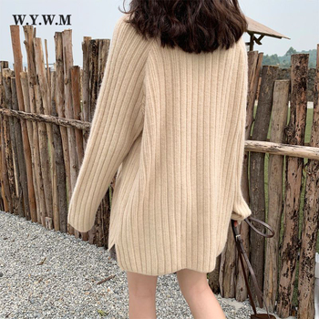 Moda 2021: Sweter jesienno-zimowy damski z dzianiny, średniej długości, w pionowe paski, luźny styl koreański