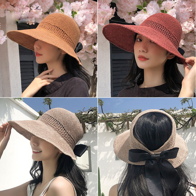 Duży słomkowy kapelusz Panama K115 z ochroną przeciwsłoneczną dla kobiet na lato 2021 - tanie ubrania i akcesoria