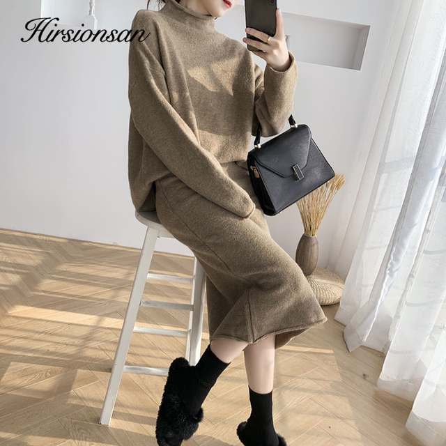 Elegancki damski garnitur: Hirsionsan sweter i spódnica z dzianiny - miękka, ciepła i seksowna stylizacja - Slim Fit - tanie ubrania i akcesoria