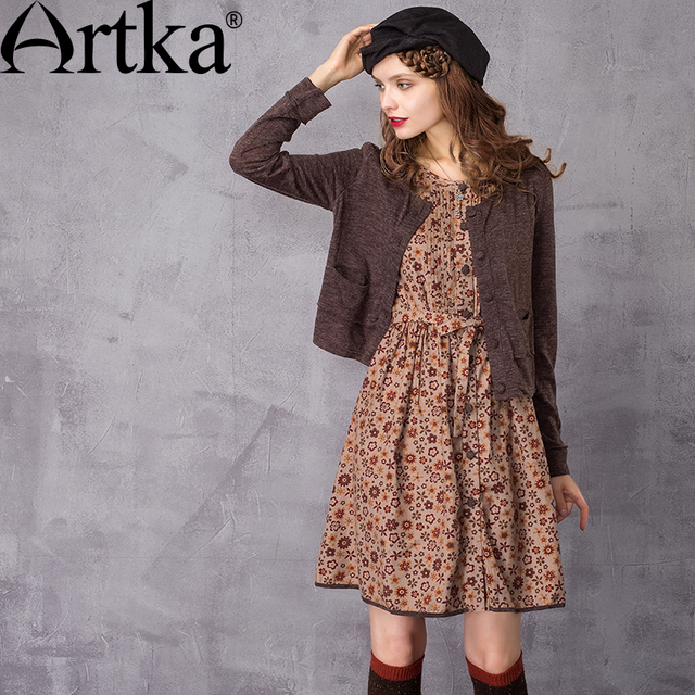 Damska jesienno-kwiatowa sukienka ARTKA z nadrukiem, długim rękawem i podwyższoną talią (LA10437Q) - tanie ubrania i akcesoria