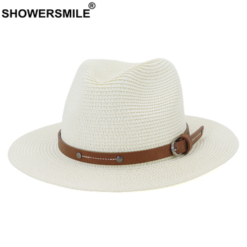 Kapelusz słomkowy SHOWERSMILE Panama biały - styl Jazz, szerokie rondo, dekoracyjny pas