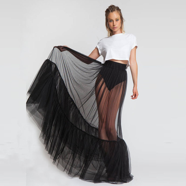 Elegancka długa czarna spódnica tiulowa z kuszącymi faldami 2020 - tanie ubrania i akcesoria