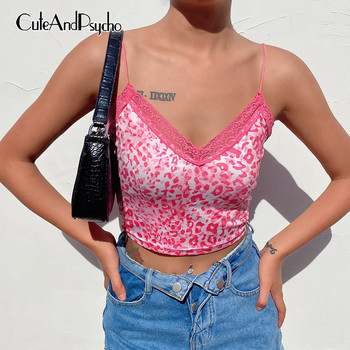 Koronkowy top na ramiączkach w różowe lamparty dla kobiet w stylu streetwear, z dekoltem w serek