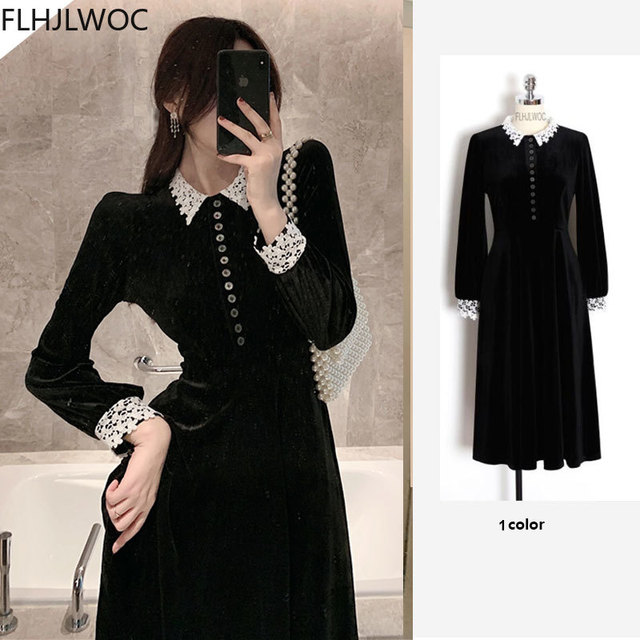 Elegancka czarna sukienka z długim rękawem i białą koronką - nowy projekt 2021 trendy Fenimine Vestidos (D1721) - tanie ubrania i akcesoria