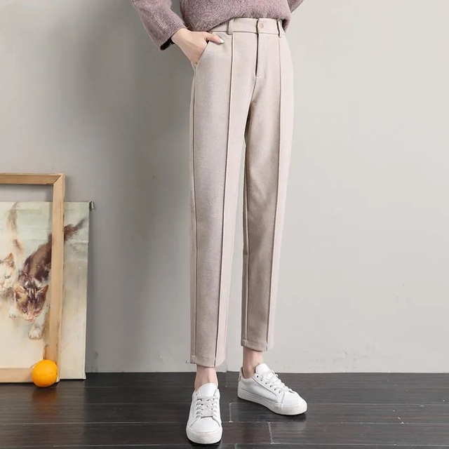 Włoska wersja damskich spodni capri o wysokim stanie - wełniane, aksamitne, ołówkowe: modny streetwear Retro - tanie ubrania i akcesoria