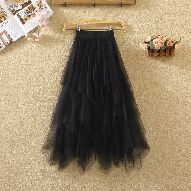 Nieregularne spódnice tiulowe dla kobiet - elastyczne, wysoki stan, długie, plisowane, trzy czwarte - czarna - tanie ubrania i akcesoria
