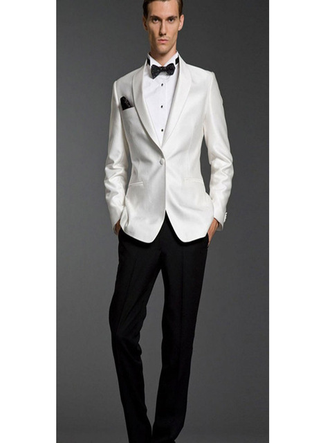 Elegancki biały szal Lapel smoking pana młodego - jasny i dopasowany garnitur ślubny w kolorze satynowego szala z jednym przyciskiem (kurtka + spodnie) - tanie ubrania i akcesoria