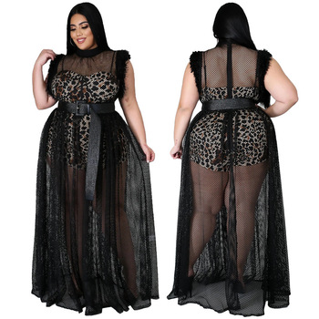 Sukienka czarna, plus rozmiar, latem 2021, wzór w cętki i seksowna siatka, pełna długość