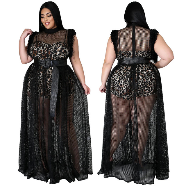 Sukienka czarna, plus rozmiar, latem 2021, wzór w cętki i seksowna siatka, pełna długość - tanie ubrania i akcesoria