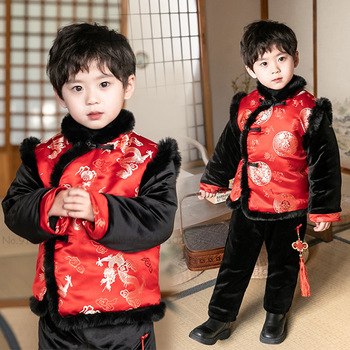 Noworoczny strój dziecięcy - chińska tradycyjna odzież z zestawem Tang, kurtką, spodniami i płaszczem