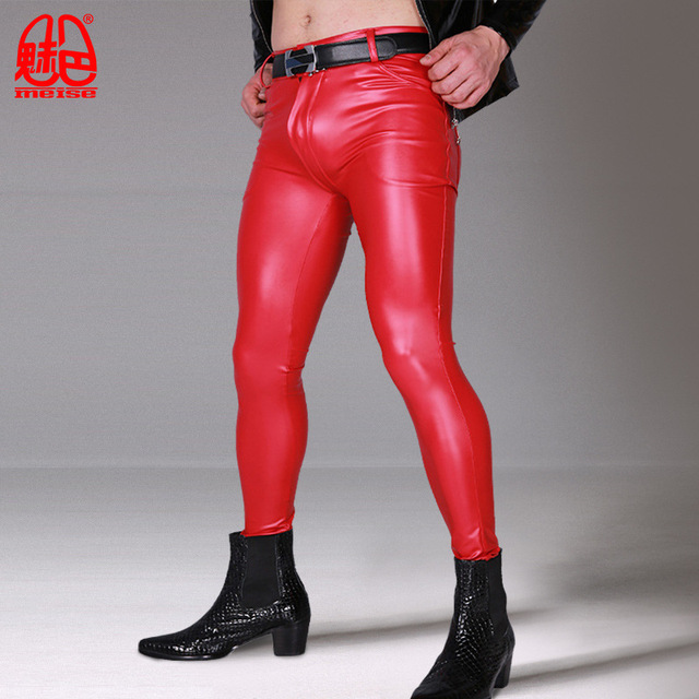 Obcisłe spodnie męskie MEISE z elastyczną wkładką, PU Faux skórzane lśniące ołówkowe spodnie, gay wear, rozmiar NK38 - tanie ubrania i akcesoria