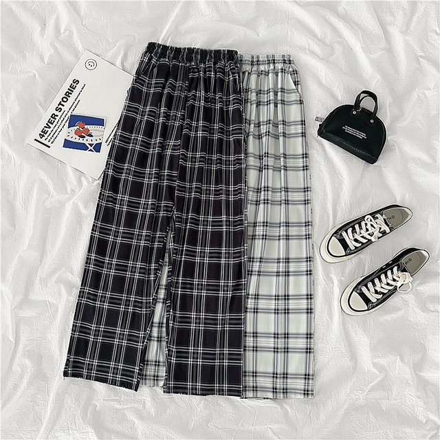 Unisex Spodnie capri w kratę Y2K, miękkie komfortowe bawełniane spodnie pełnej długości do spania i relaksu w domu dla kobiet - wiosna/lato - tanie ubrania i akcesoria