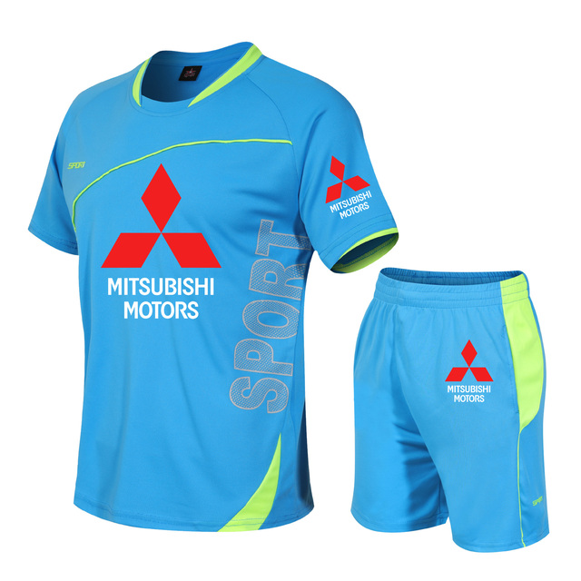 Zestaw męski: garnitur z logo Mitsubishi, drukowany wzór na bawełni, krótki rękaw + spodenki - tanie ubrania i akcesoria