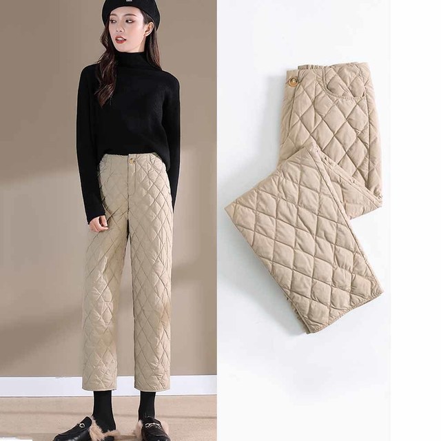 Luźne damskie spodnie bawełniane zimowe, pikowane, wysoka talia, proste nogawki - tanie ubrania i akcesoria