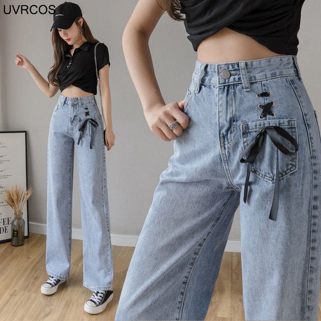 Damskie jeansy Street Casual Traf, jasny kolor, moda Y2k, wysoki stan, koreański styl, proste spodnie z modnym paskiem - tanie ubrania i akcesoria