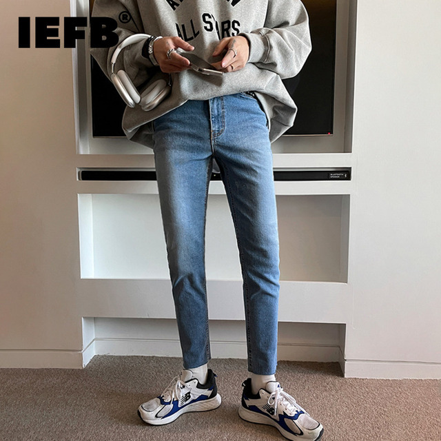 Koreańskie spodnie jeansowe męskie - Jesień/Zima 2021, jasnoniebieskie, szczupłe, średnia talia, proste nogawki, do kostek - tanie ubrania i akcesoria
